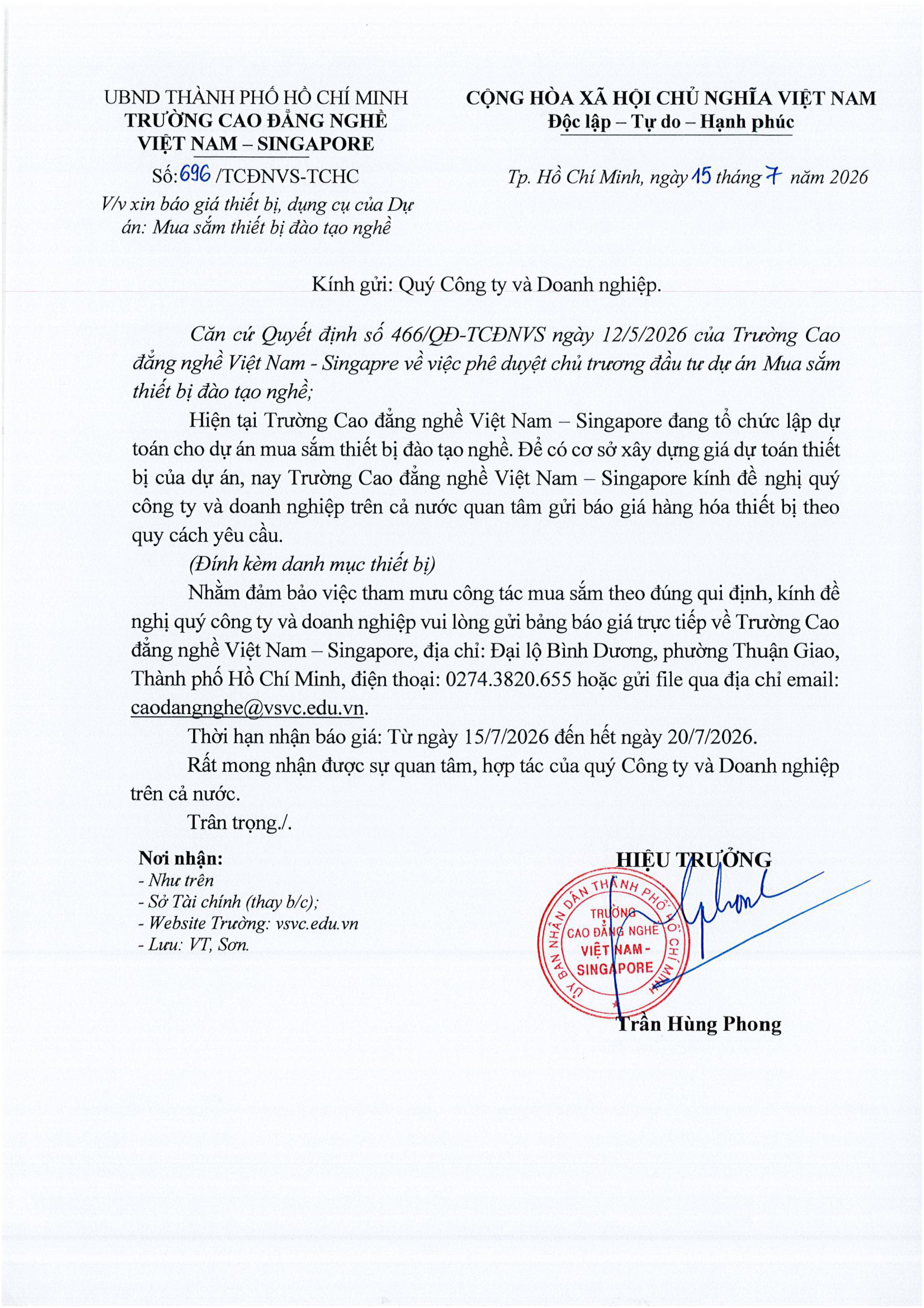 SỐ 696 VỀ VIỆC XIN BÁO GIÁ THIẾT BỊ, DỤNG CỤ CỦA DỰ ÁN MUA SẮM THIẾT BỊ ĐÀO TẠO 696 - Xin bao gia thiet bi, dung cu cua Du an Mua sam thiet bi dao tao nghe