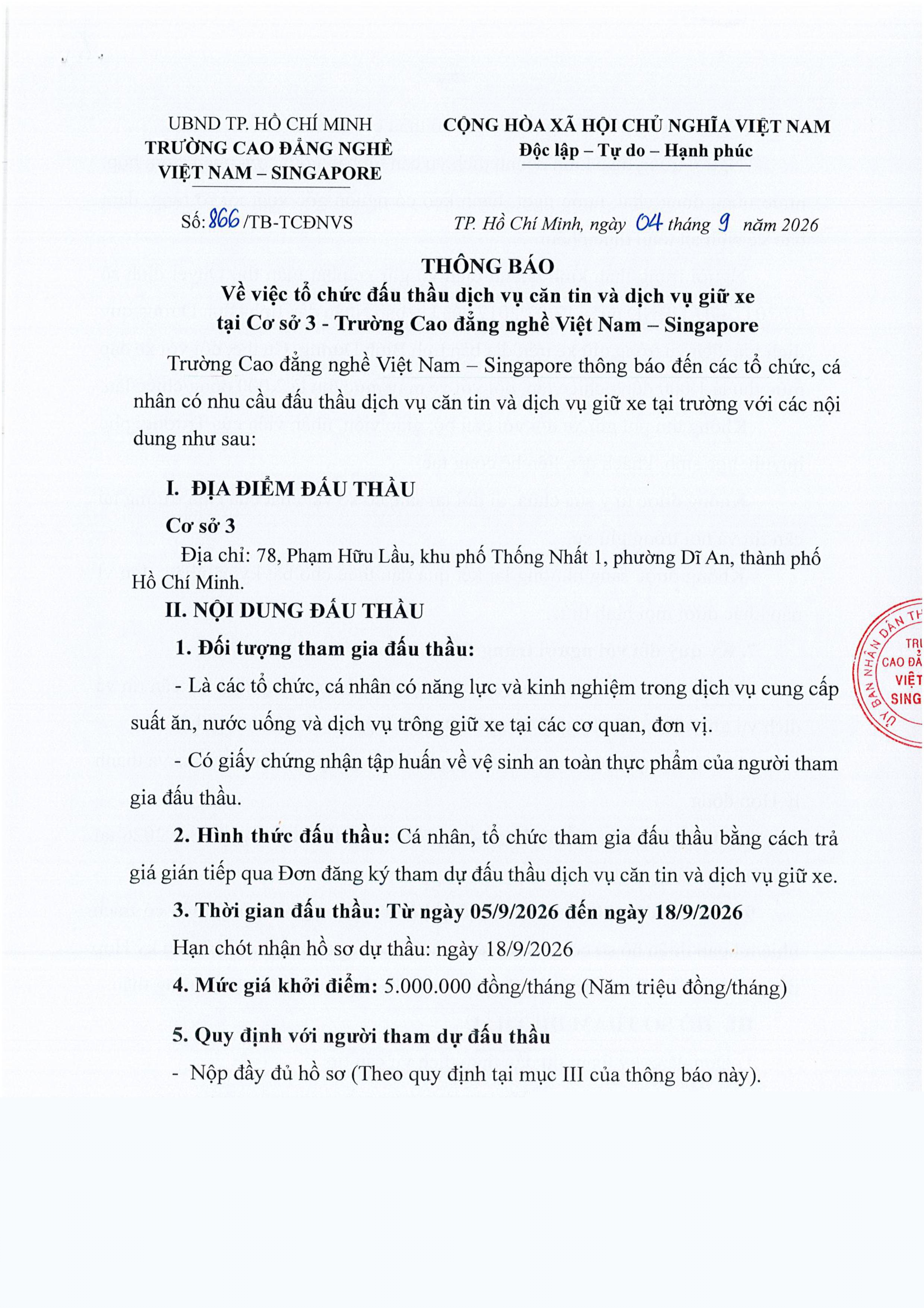 THÔNG TIN TỔ CHỨC ĐẤU THẦU CĂN TIN CƠ SỞ 3 866 - Thong bao vv to chuc dau thau dich vu can tin va giu xe tai Co so 3-hình ảnh-0