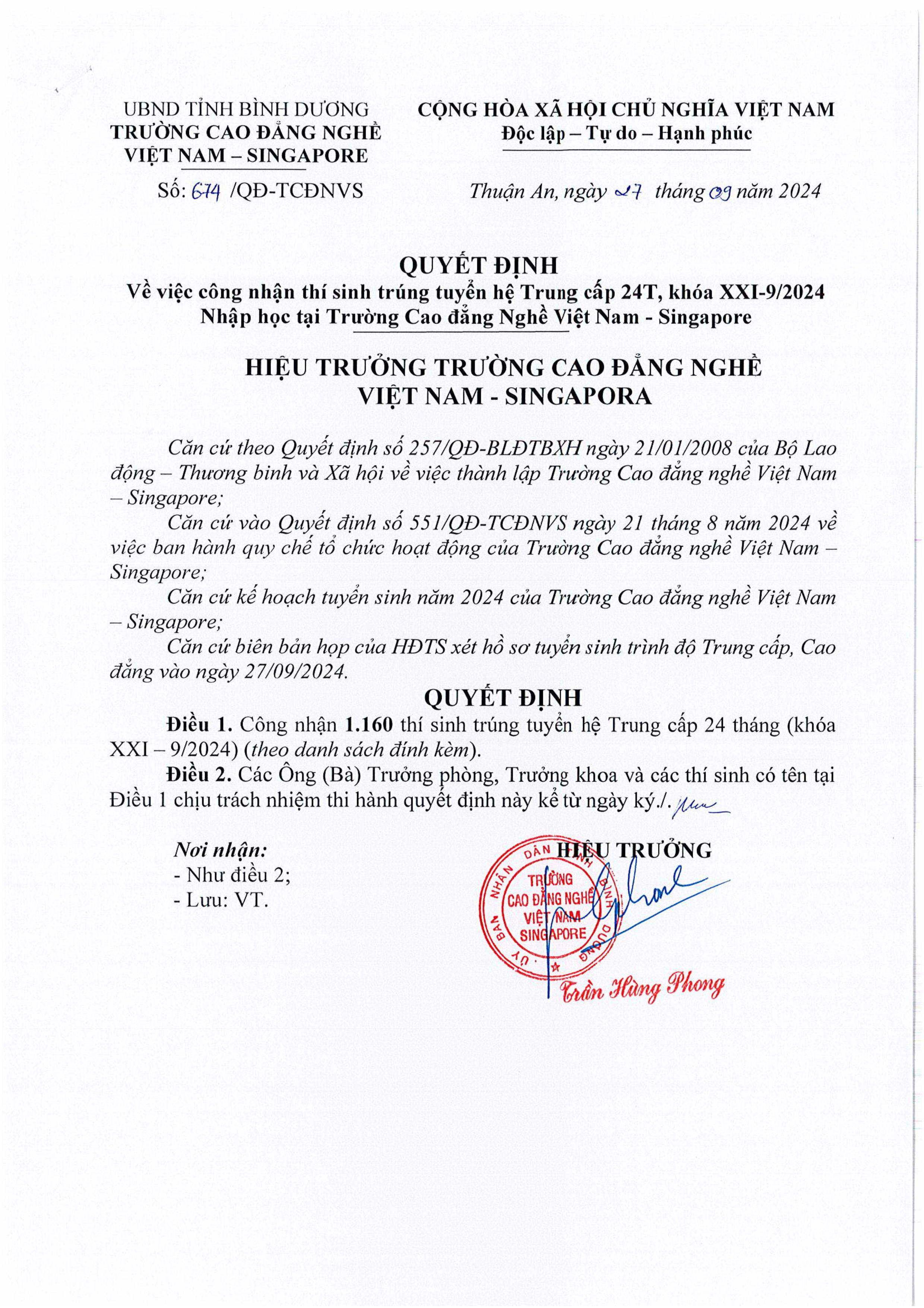 674 - QD vv cong nhan thi sinh trung tuyen he Trung cap 24T, khoa XXI-9.2024-hình ảnh-0