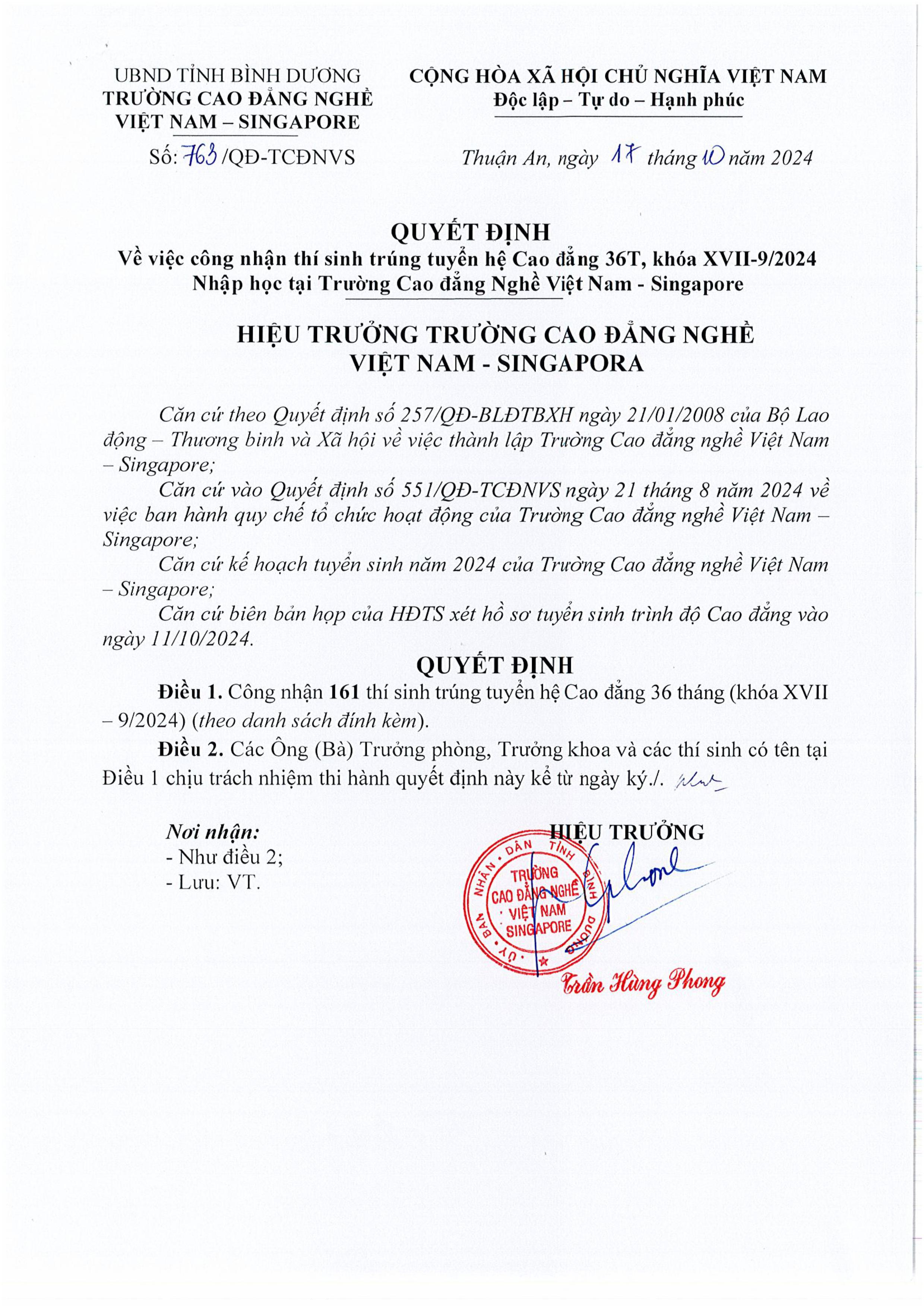 763 - QD vv cong nhan thi sinh trung tuyen he CD 36T khoa XVII-9.2024 nhap hoc tai TCDNVS-hình ảnh-0