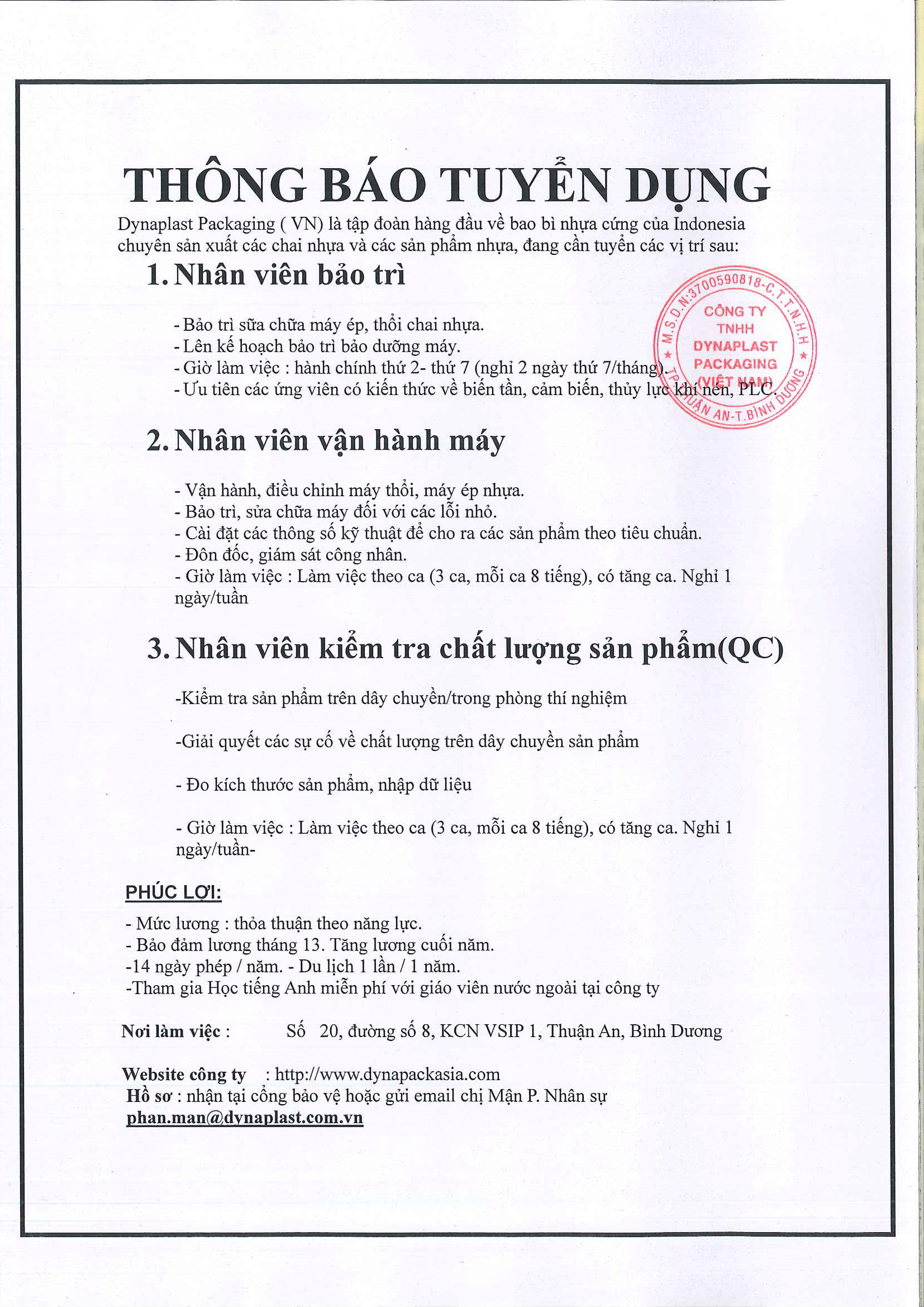 Thông báo tuyển dụng gửi trường Việt Sing-1