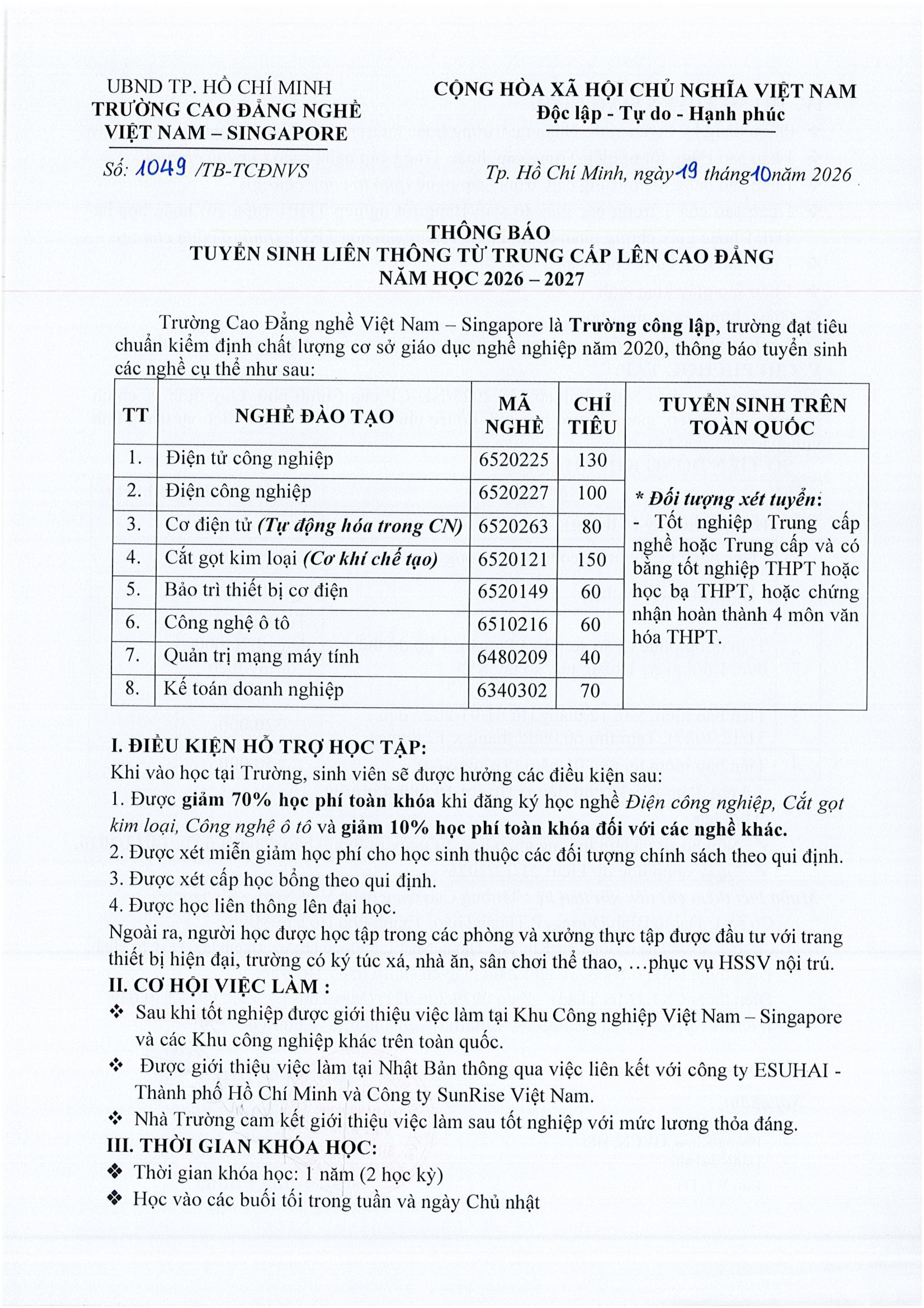 1049 - TB tuyen sinh lien thong tu Trung cap len Cao dang nam hoc 2026-2027 (1)-hình ảnh-0