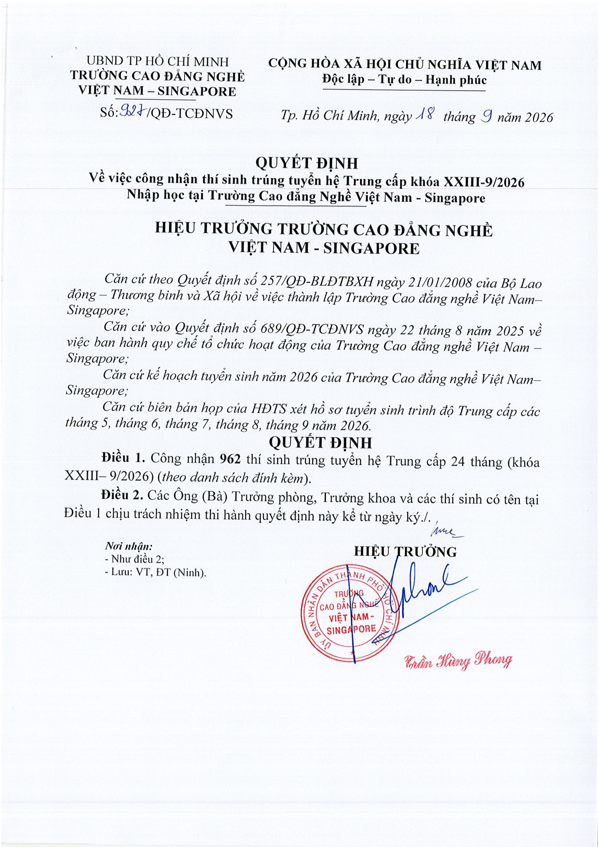 QUYẾT ĐỊNH VỀ VIỆC CÔNG NHẬN THÍ SINH TRÚNG TUYỂN HỆ TRUNG CẤP KHÓA XXIII-9/2026 NHẬP HỌC TẠI TRƯỜNG CAO ĐẲNG NGHỀ VIỆT NAM - SINGAPORE 927 - QD cong nhan thi sinh trung tuyen he Trung cap khoa XXIII thang 9.2026-hình ảnh-0